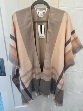 Nine West Plaid Kimono Wrap | Neutral Poncho Shawl | NWT One Size